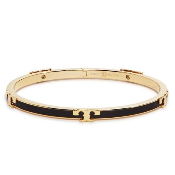 Tory Burch Black & Gold Enamel Serif Bangle Bracelet - Picture 3 of 8